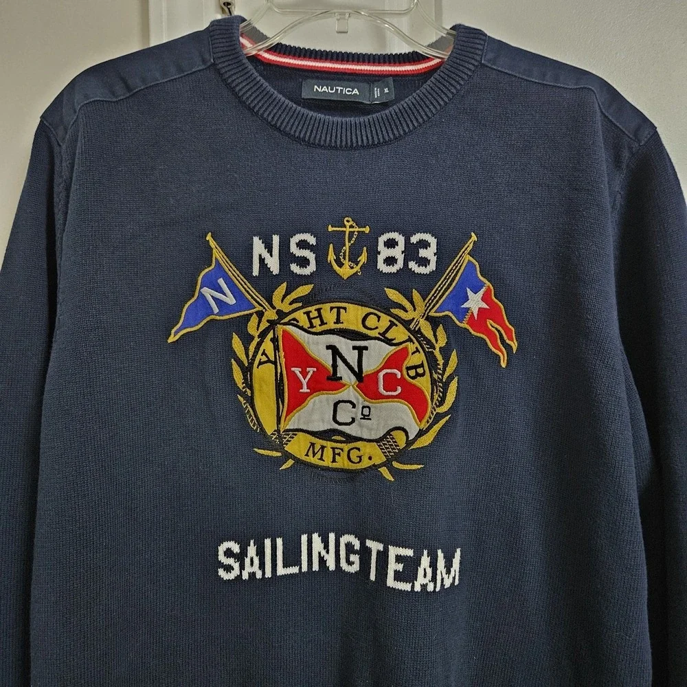 Nautica Sweater Mens XL Navy Sailing Team Yacht‎ Club Graphic Cotton Crewneck